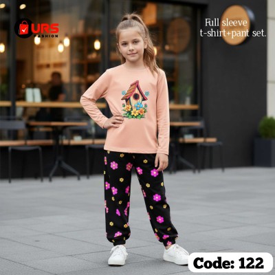 Flower design-full-sleeve-t-shirt-pant-set-