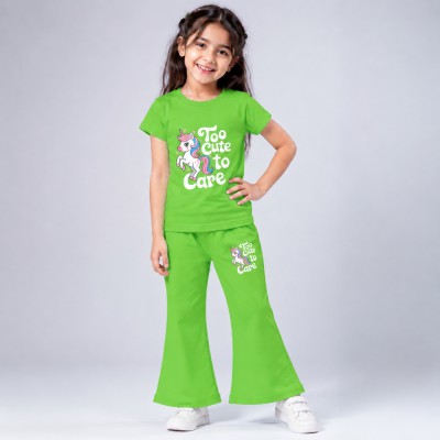 Lime Green Colour Too Cute design half sleeve-t-shirt plazo set.(3yers-to-12yers)