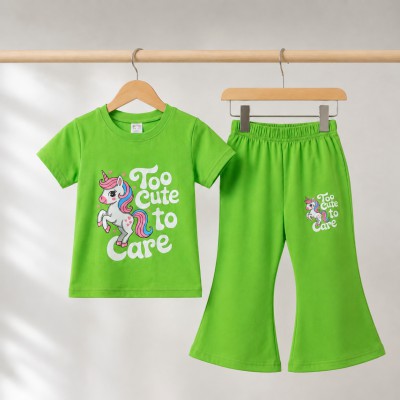 Lime Green Colour Too Cute design half sleeve-t-shirt plazo set.(3yers-to-12yers)